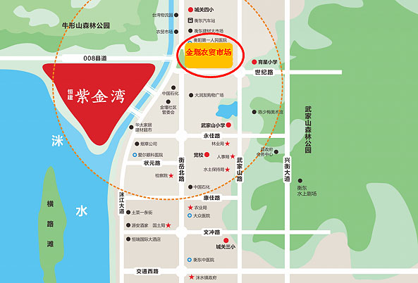 恒建紫金湾项目位于衡东城关镇洣江大道金堰广场西侧